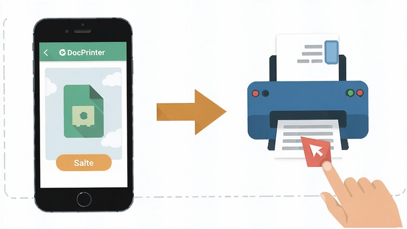 DocPrinter 手机端打印操作步骤示意图,画面展示从选择文件到点击打印的完整流程,包含手机界面与打印机图标,风格扁平化,色彩鲜明易读