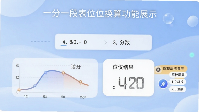 一分一段表位次换算功能展示图,手机屏幕中央显示分数输入框与位次结果卡片,背景为柔和蓝色调,画面中包含位次曲线与院校层次参考标签,突出智能换算效果