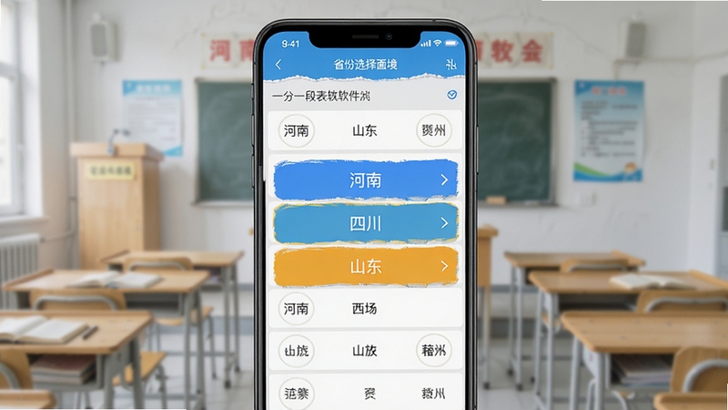 一分一段表软件中省份选择界面,画面主体为手机屏幕显示多个省份名称列表,背景为浅灰色教育风格,屏幕中央突出河南、四川、山东等省份选项,整体布局清晰