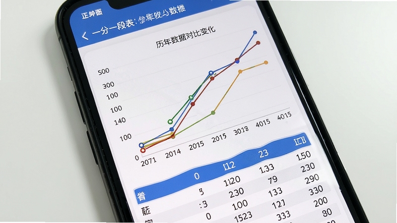 一分一段表历年数据对比界面,画面主体为手机屏幕显示折线图与数据表格,背景为白色简约风格,图表中呈现不同年份分数段人数变化曲线,整体清晰易读