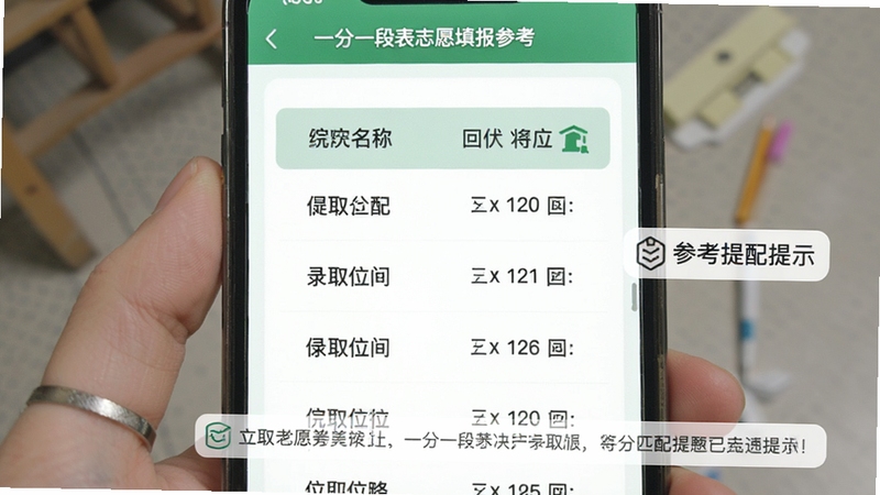 一分一段表志愿填报参考页面,手机屏幕中央显示院校名称与录取位次区间列表,背景为淡绿色教育风格,画面中包含位次匹配标签与参考提示,整体布局规整