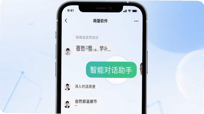 商量智能对话助手界面展示,手机屏幕中呈现自然语言交流场景,对话框气泡清晰,背景为柔和蓝白渐变,突出商量软件名称与科技感