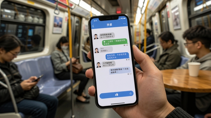 商量移动端使用场景,手持智能手机显示商量对话页面,背景为地铁或咖啡厅等日常环境,突出便携与易用性