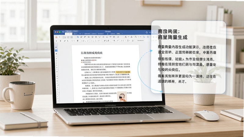 商量内容生成功能演示,画面中央为文档编辑界面,旁边浮现商量生成的文章段落,背景为浅色办公桌面,整体风格清新简洁