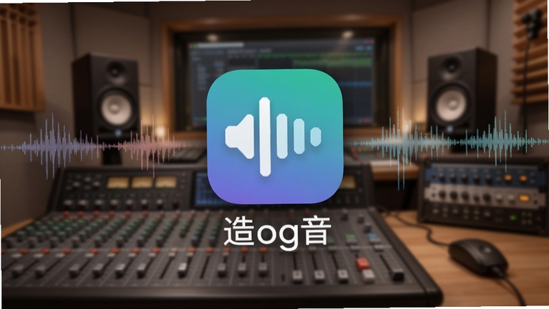 造音软件主界面全貌展示,画面中央是造音APP的图标和名称,背景为柔和的录音棚环境,有调音台和声波纹理,主体位于画面正中央,背景区域为虚化的音乐工作室,适配Boogu模型生成