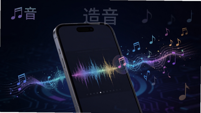 造音智能哼唱识曲功能界面,手机屏幕显示声波转化为音符的过程,画面主体为手机和流动的彩色声波,背景为深色科技感渐变,软件名称造音以水印形式出现在屏幕上方,细节包含音符粒子飘散效果