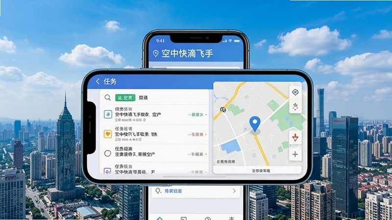 空中快滴飞手软件主界面展示,画面中央为手机屏幕中的任务列表与地图定位模块,背景为城市低空航拍视角,蓝天白云与楼宇轮廓清晰可见,整体色调清爽科技感强