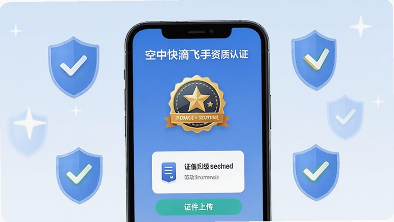 空中快滴飞手资质认证页面示意图,画面为手机界面展示认证徽章与证件上传入口,周围环绕盾牌与对勾图标,背景为浅蓝色渐变,整体简洁专业