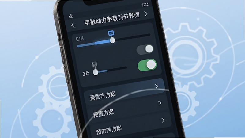 甲胄动力参数调节界面,画面主体为手机屏幕特写,屏幕内显示滑块、开关和预设方案列表,背景为柔和的浅蓝色渐变,旁边有抽象齿轮与线条元素,突出个性化配置与精细调控,适配Boogu模型生成