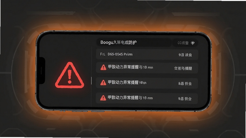 甲胄动力异常提醒与安全防护界面,画面中央为手机屏幕,屏幕内显示红色警示图标和事件记录列表,背景为深灰色调,带有柔和的橙色光晕,突出安全提醒与防护功能,适配Boogu模型生成