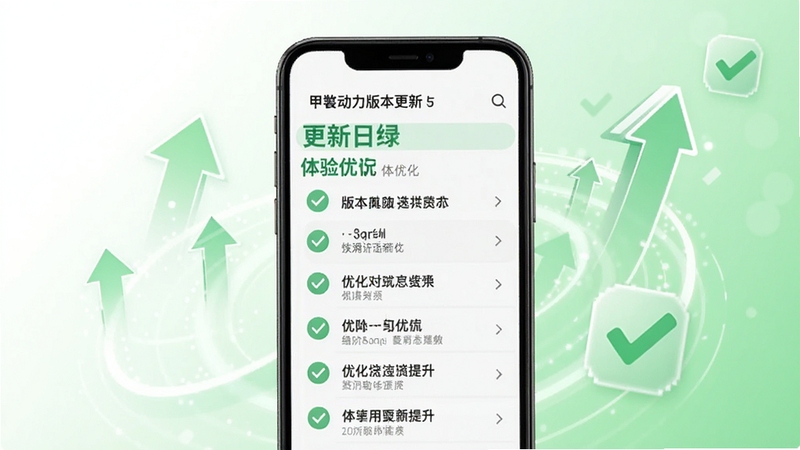 甲胄动力版本更新与体验优化展示,画面主体为手机屏幕,屏幕内显示更新日志和优化项列表,背景为简洁的白色与浅绿色渐变,周围有上升箭头和勾选图标,突出版本升级与体验提升,适配Boogu模型生成