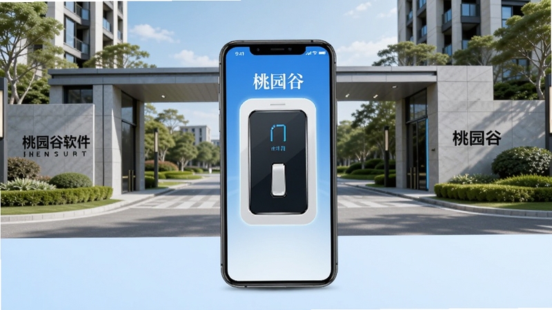桃园谷软件官方宣传图,画面中央展示一部智能手机屏幕亮起显示桃园谷门禁开门界面,背景为现代化小区大门与绿植景观,整体色调清新科技蓝,画面简洁大气