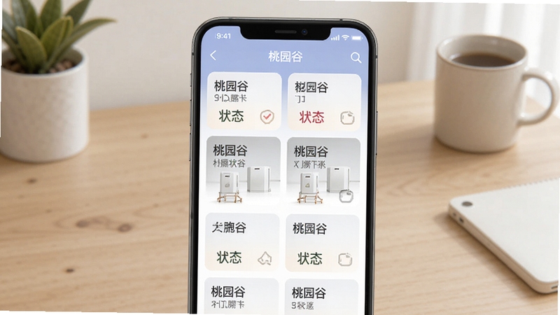 桃园谷多小区管理界面示意图,画面展示手机屏幕中桃园谷应用内多个小区卡片排列,每个卡片带有小区名称与门禁状态标识,背景为简洁的居家书桌环境