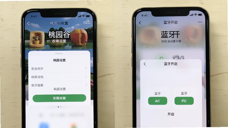 桃园谷安装设置步骤示意图,画面为手机屏幕分屏展示桃园谷权限设置页面与蓝牙开启界面,背景为浅色桌面,风格清晰明了