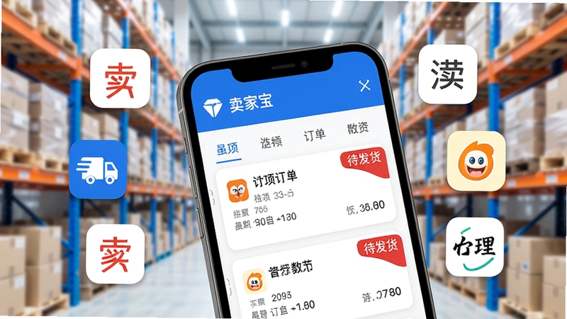 卖家宝多平台订单聚合管理界面特写,手机屏幕中显示多个电商平台图标环绕着卖家宝订单列表,订单卡片整齐排列,带有待发货红色角标提醒,背景是明亮的电商仓库货架,整体色调以蓝白为主,突出高效聚合的视觉感受