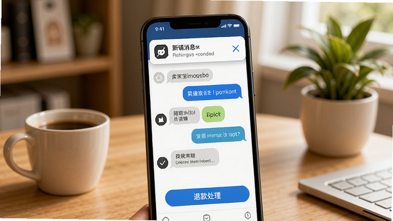 卖家宝消息推送与售后处理场景,手机屏幕显示聊天对话框和退款处理按钮,顶部弹出新消息通知横幅,背景是温馨的居家办公桌,有咖啡杯和绿植点缀,传达随时随地处理店铺事务的便捷感