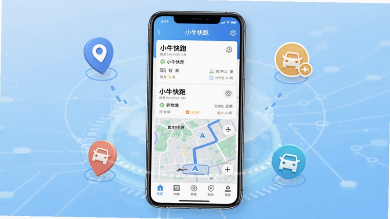 小牛快跑司机端手机应用主界面展示,画面中央是一部竖屏智能手机,屏幕内显示订单列表与地图导航模块,背景区域为浅蓝色渐变科技感底纹,周围环绕定位图标与接单标识,整体风格简洁商务,适配Boogu模型生成