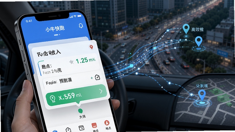 小牛快跑司机端智能订单推送功能场景,画面主体为手机屏幕弹出新订单卡片,卡片上显示起点终点与预估收入,背景为城市道路俯瞰图,有数据流线条连接手机与地图坐标,突出智能匹配与高效接单氛围
