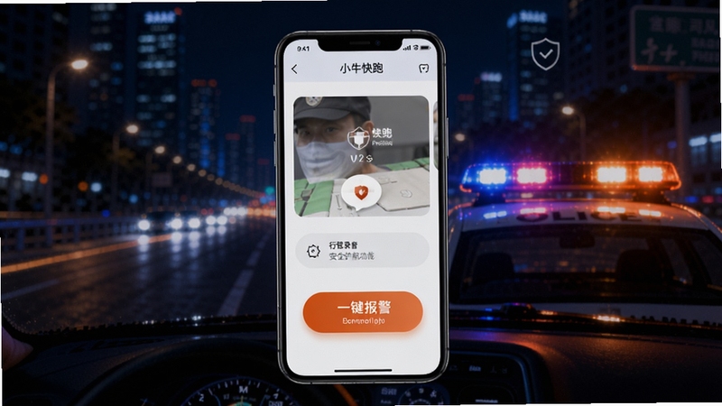 小牛快跑司机端安全护航功能展示,画面中央为手机屏幕显示行程录音与一键报警按钮,背景为夜间城市道路与警灯闪烁元素,色调偏深蓝与橙色对比,突出安全感与科技防护概念