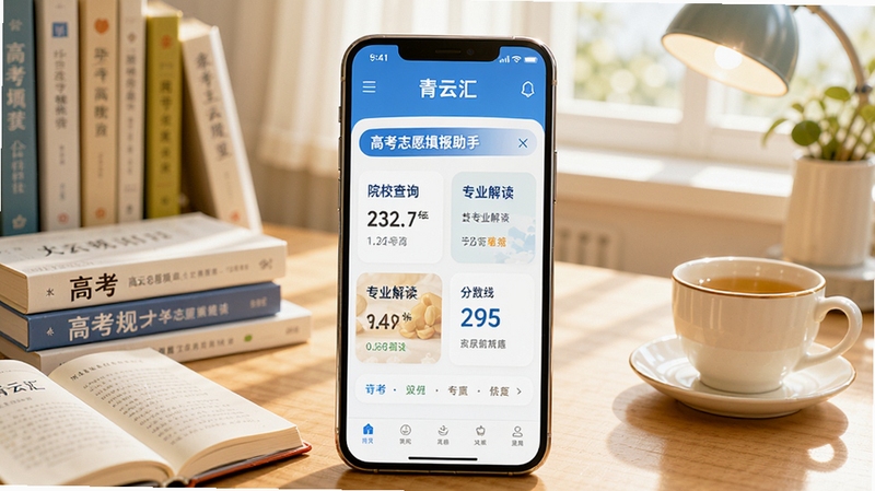青云汇高考志愿填报助手主界面,画面中央是一部智能手机,屏幕显示青云汇应用首页,有院校查询、专业解读、分数线等模块,背景是明亮的书房环境,书桌上放着高考复习资料和一杯茶,整体色调温暖清新,突出升学规划主题,Boogu风格,高清细节