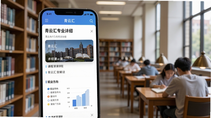 青云汇专业解读界面,手机屏幕显示某热门专业的详细介绍页面,有课程列表和就业方向图表,背景是大学校园图书馆场景,书架和自习的学生虚化处理,整体画面传递出学术与规划的氛围,软件名称青云汇在页面中自然呈现,Boogu风格,高清晰度