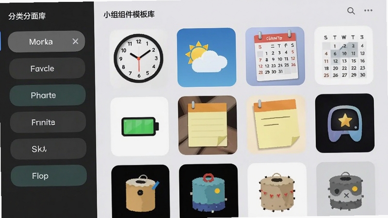 玩转小组件模板库界面,画面左侧为分类标签栏,右侧为网格排列的小组件预览图,包含时钟、天气、日历、电池、便签等,风格多样,背景为浅灰色,突出模板丰富性