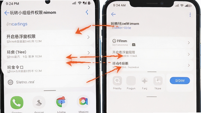 玩转小组件权限设置界面截图,画面展示手机设置页面中开启悬浮窗权限的步骤,界面清晰标注箭头指示,背景为白色,风格简洁直观