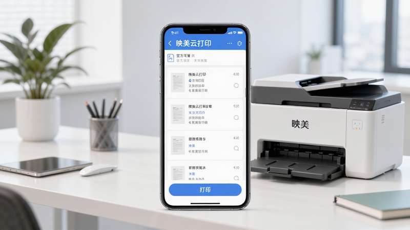 映美云打印app官方下载最新版本更新内容,画面主体位于正中央,展示一部智能手机屏幕显示映美云打印软件界面,界面中包含文档列表和打印按钮,背景区域为简洁的现代化办公室桌面,桌上有一台映美云打印机,整体色调明亮清新,风格写实,适配Boogu模型生成