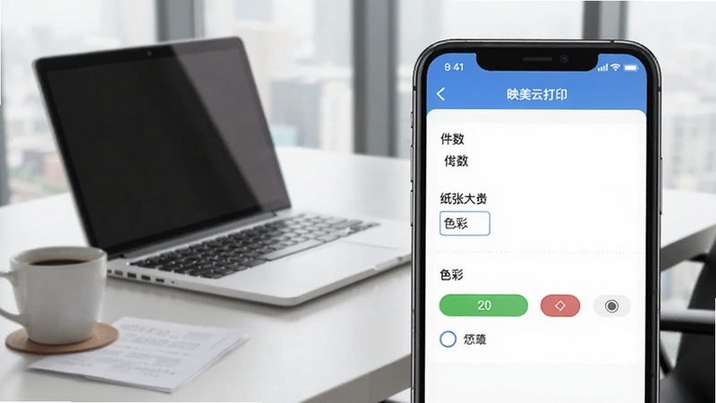 映美云打印参数设置界面预览图,画面主体位于右侧,展示手机屏幕上的打印设置面板,包含份数、纸张大小、色彩选项,背景区域为简约办公桌面,有笔记本电脑和咖啡杯,风格现代商务