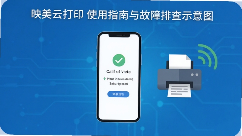 映美云打印使用指南与故障排查示意图,画面主体位于中央,展示手机屏幕显示连接成功界面,旁边有打印机图标和网络信号图标,背景区域为简洁的科技蓝渐变背景,风格扁平化信息图