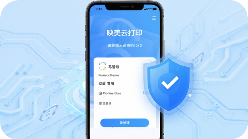 映美云打印app安全使用示意图,画面主体位于中央,展示手机屏幕显示权限管理界面和盾牌安全图标,背景区域为浅蓝色科技感背景,风格简洁明快