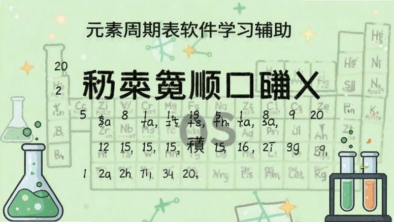 元素周期表软件内置的学习辅助界面,展示前20号元素顺口溜文本,背景为淡绿色护眼色调,文字排版清晰,旁边点缀化学烧瓶与试管插画
