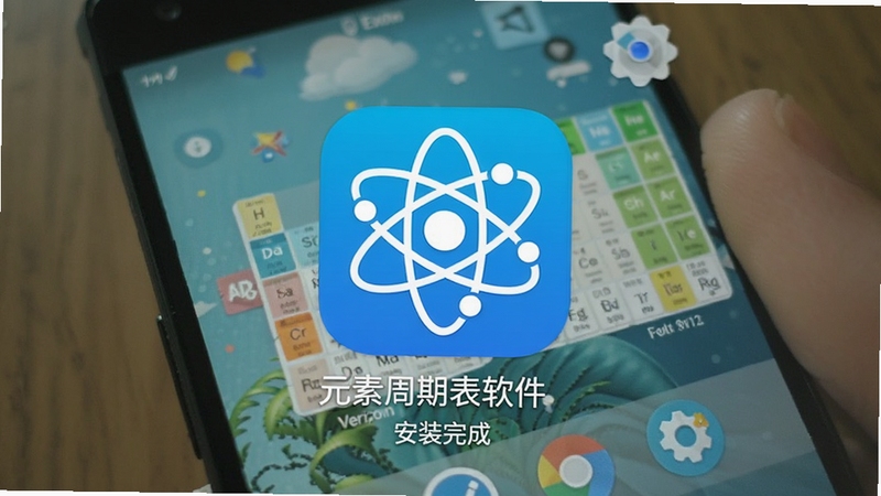 元素周期表软件在安卓手机上的安装完成界面,图标显示为蓝底白色原子模型,下方显示应用名称与版本号,背景为手机桌面壁纸,风格清新明亮