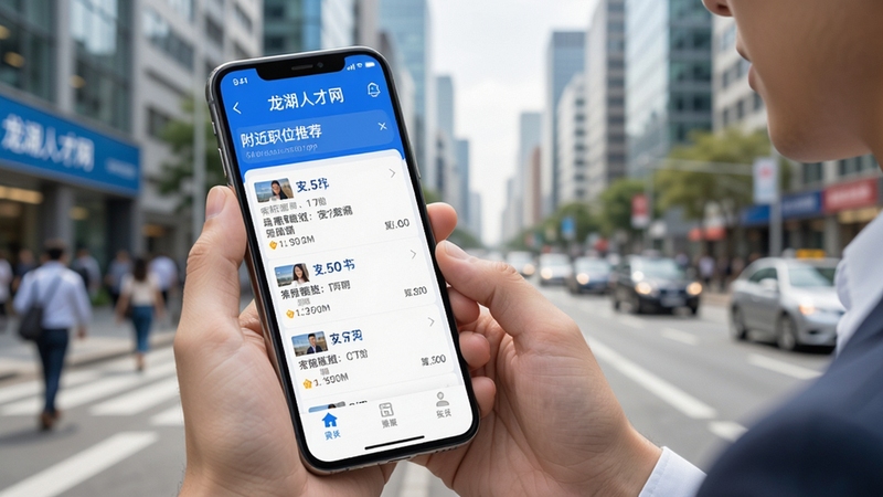 龙湖人才网APP首页展示附近职位推荐列表,手机屏幕画面,蓝色主色调,求职者手持手机查看岗位信息,背景是城市街景,画面清晰明亮,写实风格