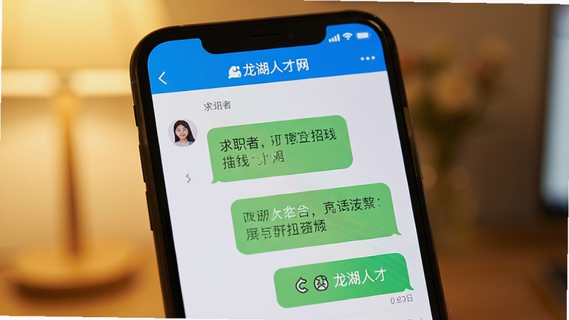 龙湖人才网APP聊天沟通界面,求职者与招聘企业在线对话,手机聊天窗口特写,对话气泡清晰可见,背景虚化处理,暖色调光线,真实使用场景