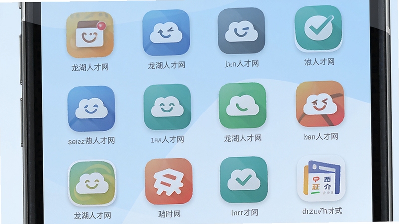龙湖人才网同类求职软件对比展示图,多款招聘APP图标排列在手机屏幕上,简洁扁平化设计风格,浅蓝色渐变背景,图标清晰精致,整体画面干净整洁