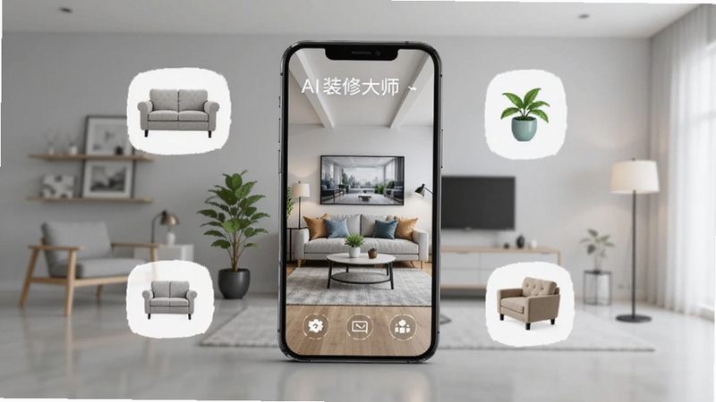 画面中央是一台智能手机,屏幕上显示AI装修大师的客厅设计方案,周围环绕着沙发、绿植、落地灯等家具图标,背景是浅灰色现代家居环境,整体风格简洁明亮,突出智能家装设计主题