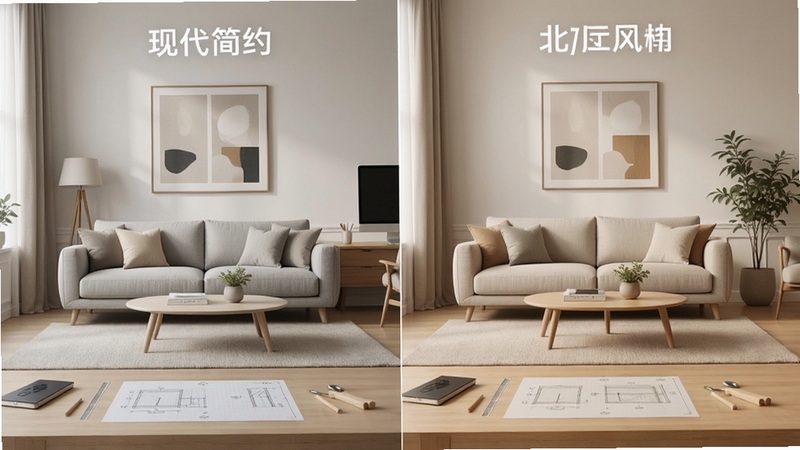 AI装修大师展示多套客厅风格模板,现代简约与北欧风格并排对比,每套方案配有沙发、茶几、挂画等元素,背景是干净的设计工作台,画面色彩柔和,体现一键换装功能