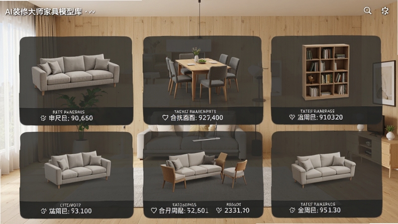 AI装修大师的家具模型库界面,展示沙发、餐桌、书架等模型卡片,每张卡片下方标注尺寸数据,背景是浅木色家居场景,整体布局清晰有序,突出尺寸适配功能