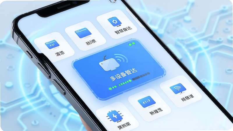 智慧奋达 多设备管理界面 手机屏幕显示多个设备图标整齐排列 背景为淡蓝色科技感光晕 画面中心突出设备卡片与状态指示 整体风格简洁现代