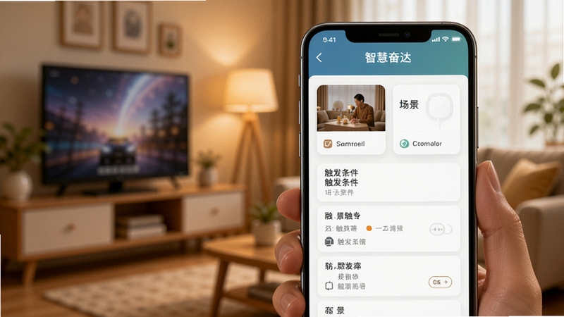 智慧奋达 场景联动设置页面 手机屏幕展示场景卡片与触发条件选项 背景为温馨家庭环境虚化 画面突出智慧奋达场景编辑界面 色调温暖柔和