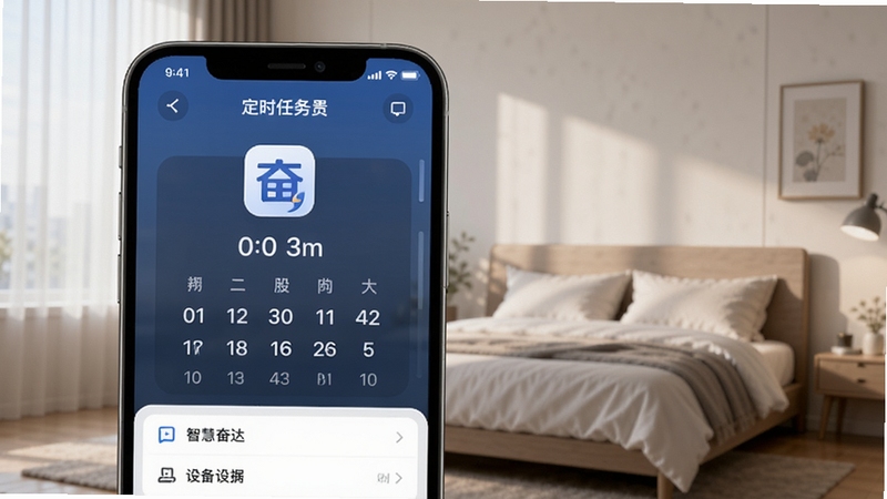 智慧奋达 定时任务设置界面 手机屏幕显示时间选择器与设备列表 背景为简约卧室场景 画面突出智慧奋达定时功能图标 光线柔和