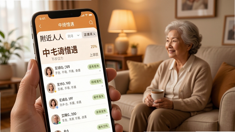 中年惜遇 中老年同城交友软件主界面 手机屏幕展示 暖色调 大字体 聊天列表与附近的人模块 温馨居家背景 高清写实风格