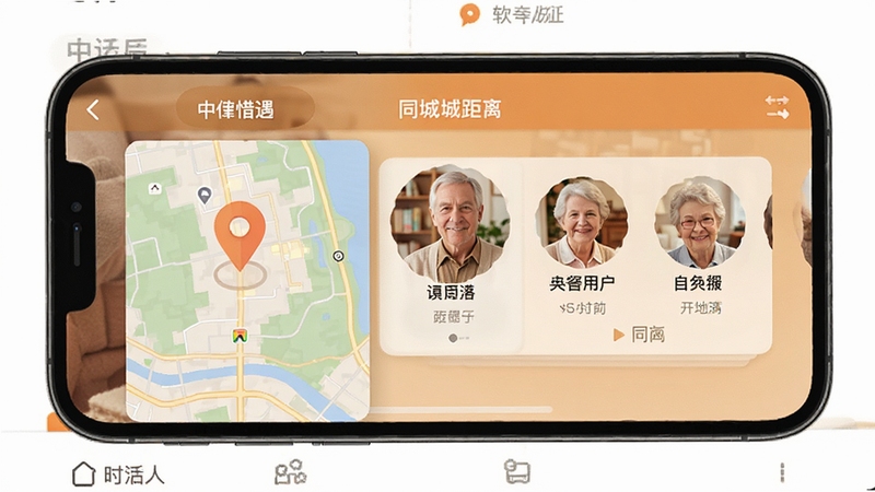 中年惜遇 软件附近的人页面 地图定位标记 中老年用户头像卡片 同城距离显示 暖色界面 生活化场景 手机截图风格