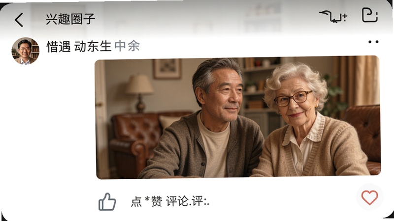 中年惜遇 动态广场页面 兴趣圈子标签 中老年用户发布生活照 点赞评论界面 暖色调 手机截图风格