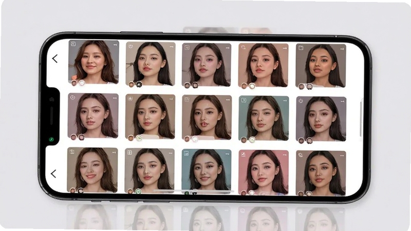 变美啦滤镜模板选择界面,画面主体为手机屏幕中排列整齐的多种风格滤镜缩略图,背景区域为淡雅的浅灰色,每个滤镜缩略图展示不同色调的人像效果,体现丰富的选择空间