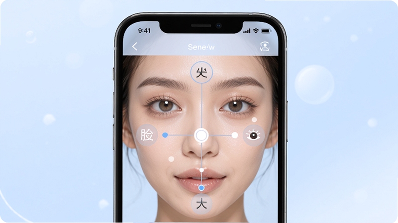 变美啦五官微调操作界面,画面主体为手机屏幕中人物面部特写与调整控制点,背景区域为柔和的浅蓝色,突出瘦脸大眼等微调功能的精准与便捷