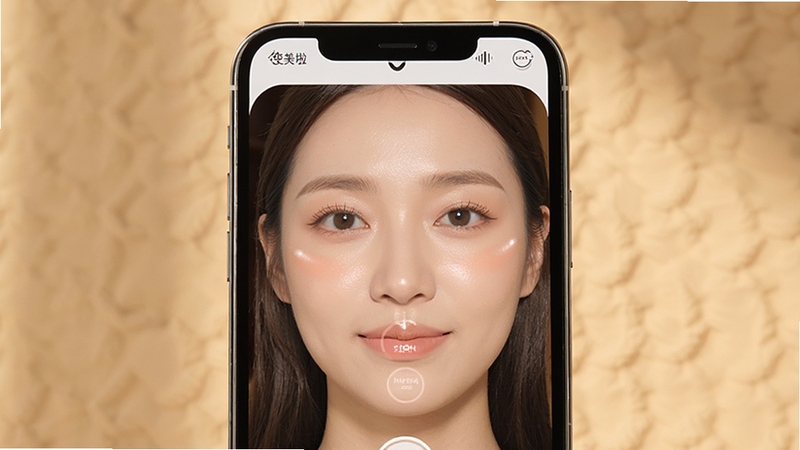变美啦一键美妆功能展示,画面主体为手机屏幕中人物面部经过美妆处理后的效果,背景区域为温暖的米色调,突出妆容自然服帖与肤色提亮的效果