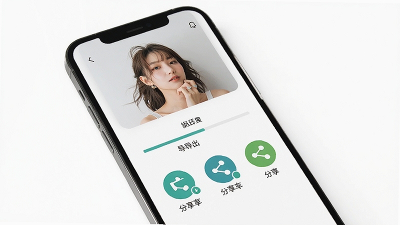 变美啦高清保存与分享界面,画面主体为手机屏幕中图片导出进度与分享图标排列,背景区域为干净的白色,突出操作便捷与分享渠道的丰富