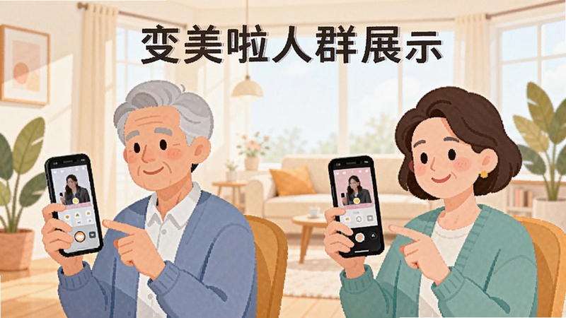 变美啦适用人群场景展示,画面主体为不同年龄用户使用手机修图的插画风格场景,背景区域为明亮的室内环境,突出软件覆盖广泛人群的易用性